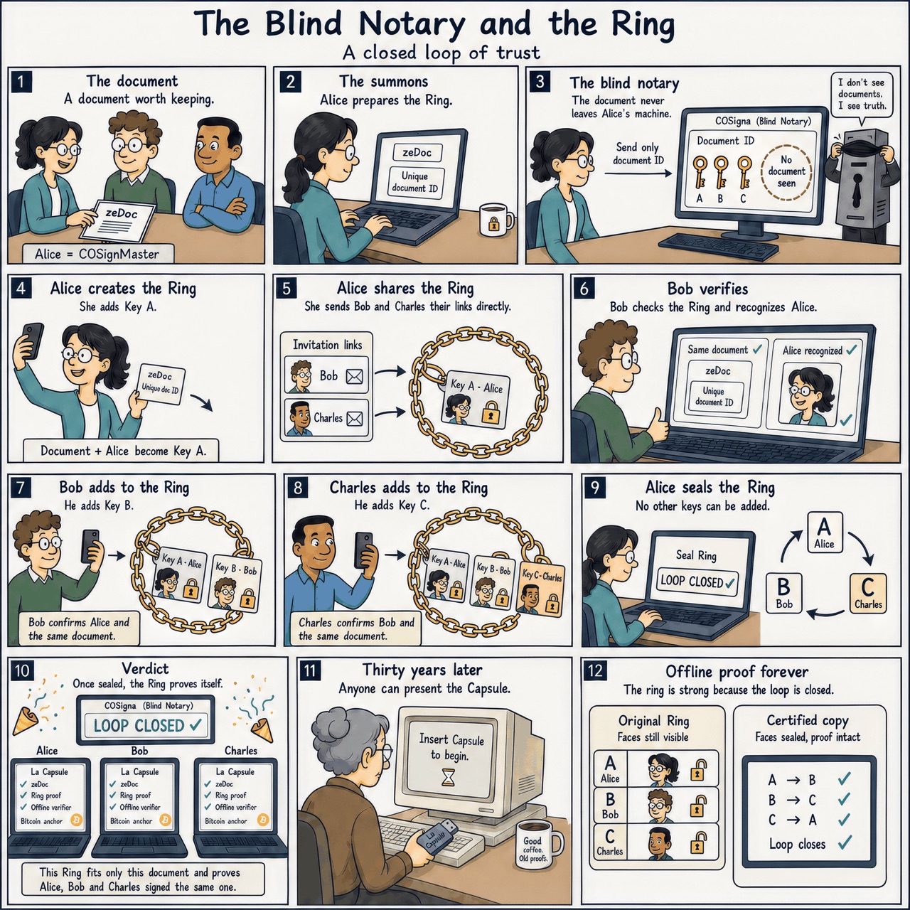 The Blind Notary and the Ring — the whole story in twelve tiles