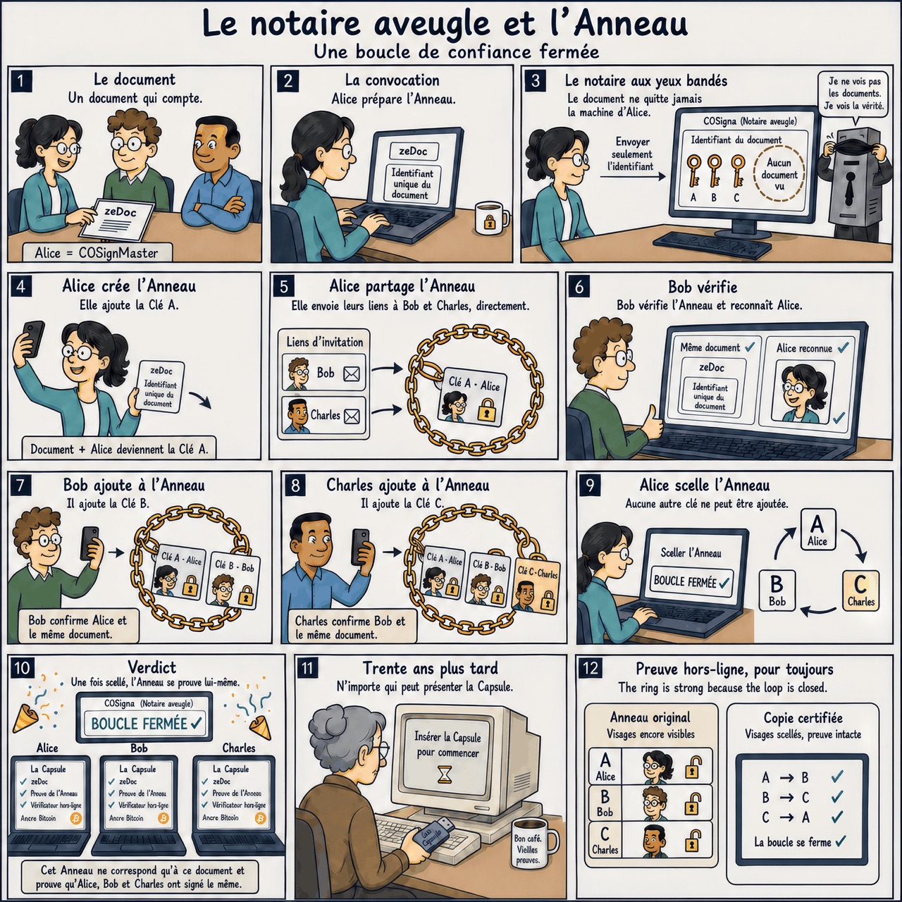 Le notaire aveugle et l'Anneau — toute l'histoire en douze vignettes